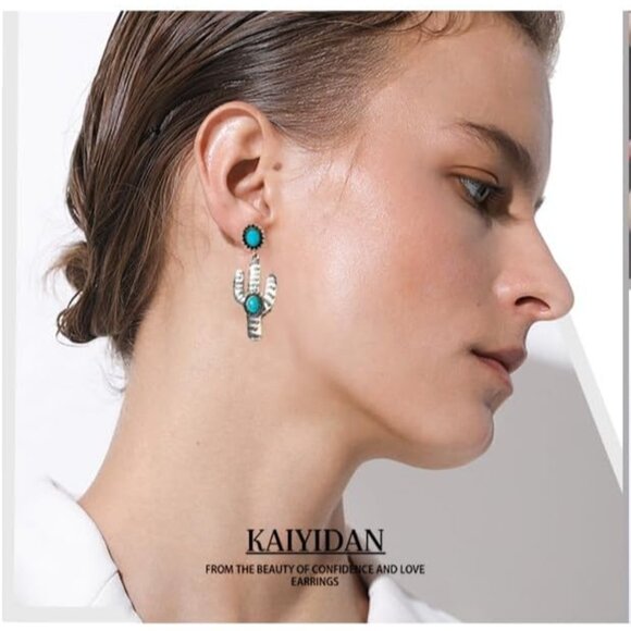 Turquoise Cactus shaped Vintage Long Summer Earring for Women Jewelry - Picture 3 of 9